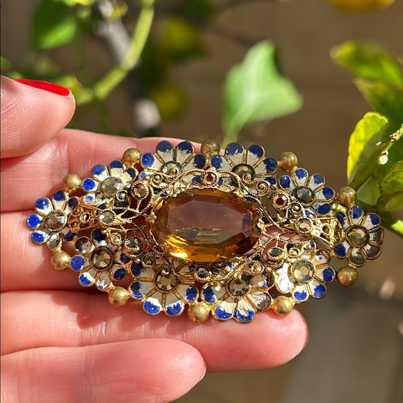 Czech Jewelry - Czechoslovakia Glass Enamel Floral Brooch